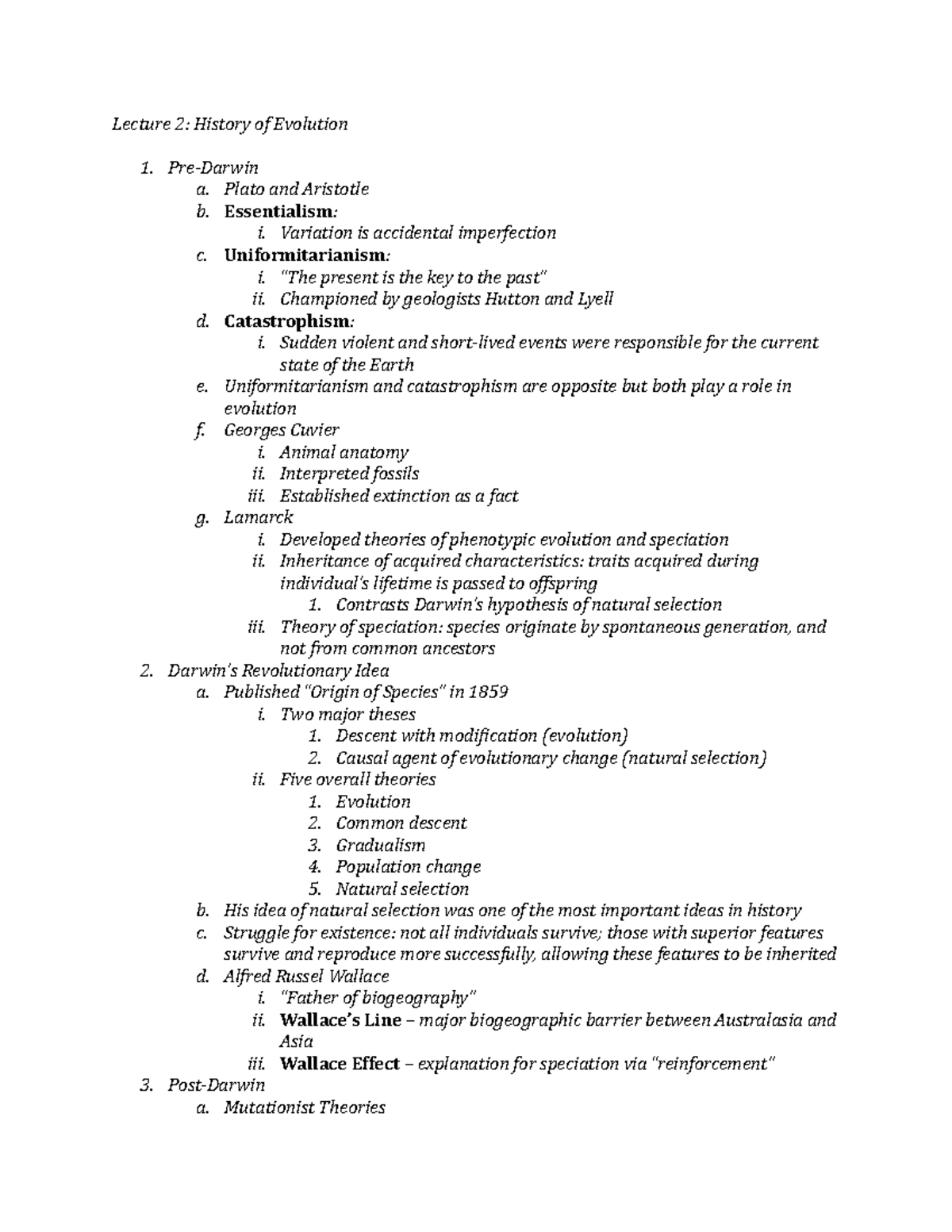 Lecture 2 Notes - Lecture 2: History of Evolution Pre-Darwin a. Plato ...