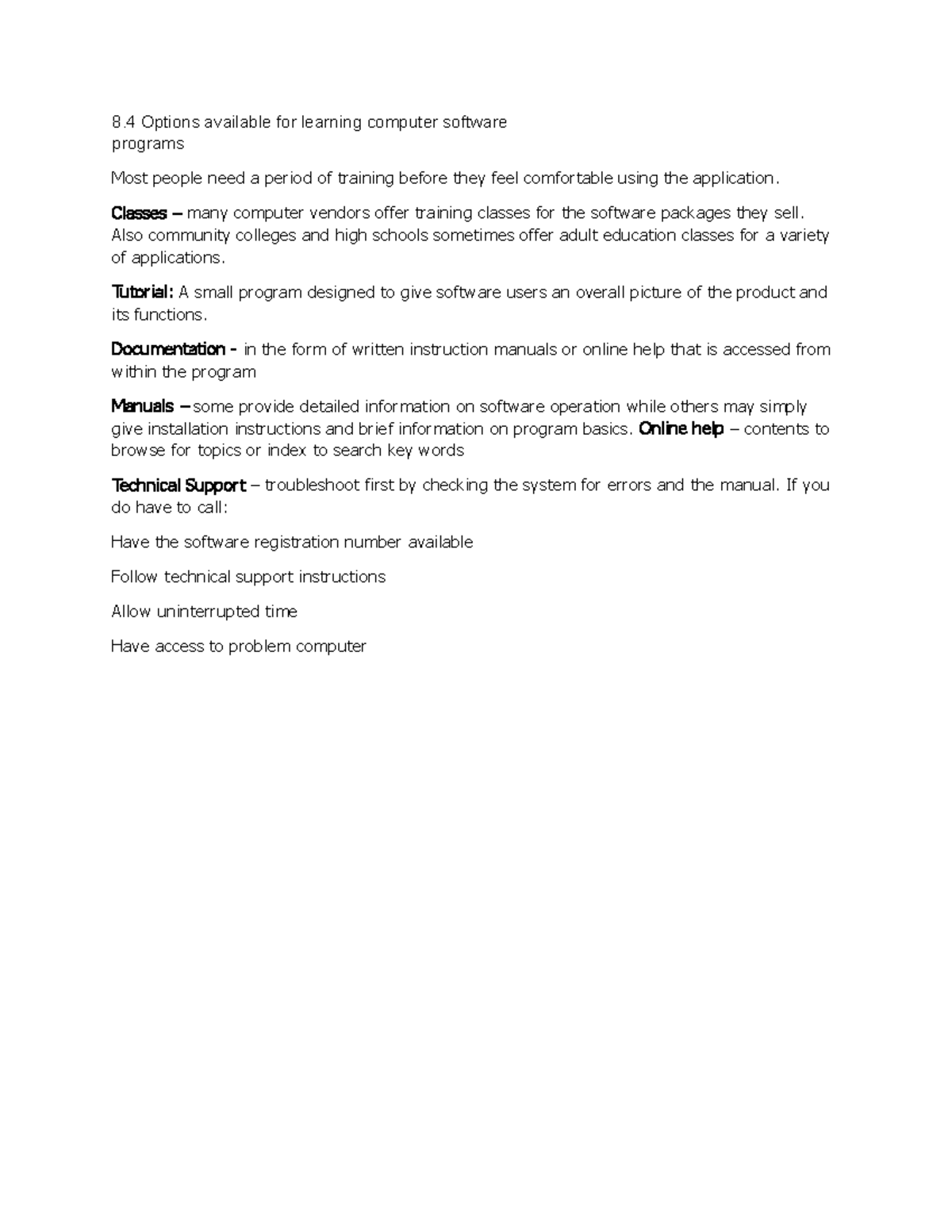 Summary notes on 8.4 Options available for learning computer software ...