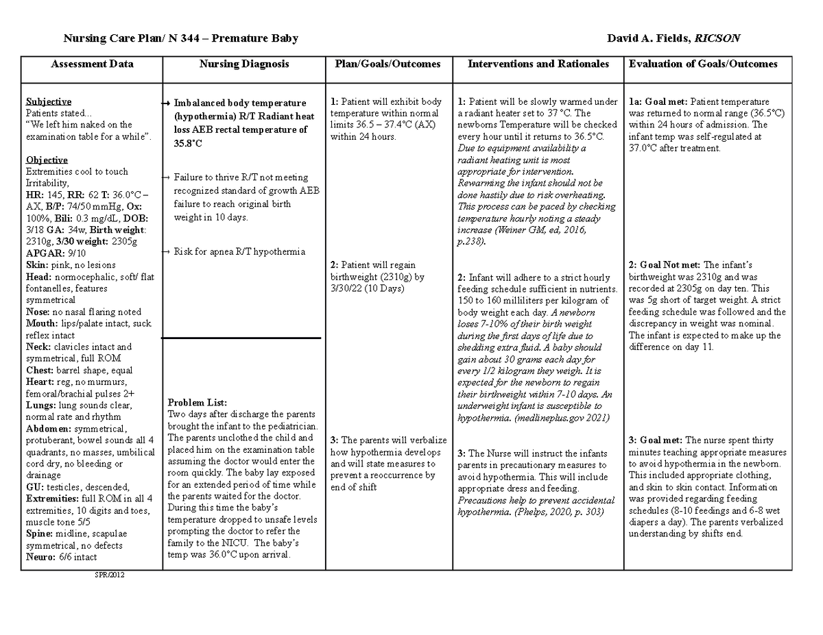 Care Plan - Chilly baby - Dafields - Nursing Care Plan/ N 344 ...