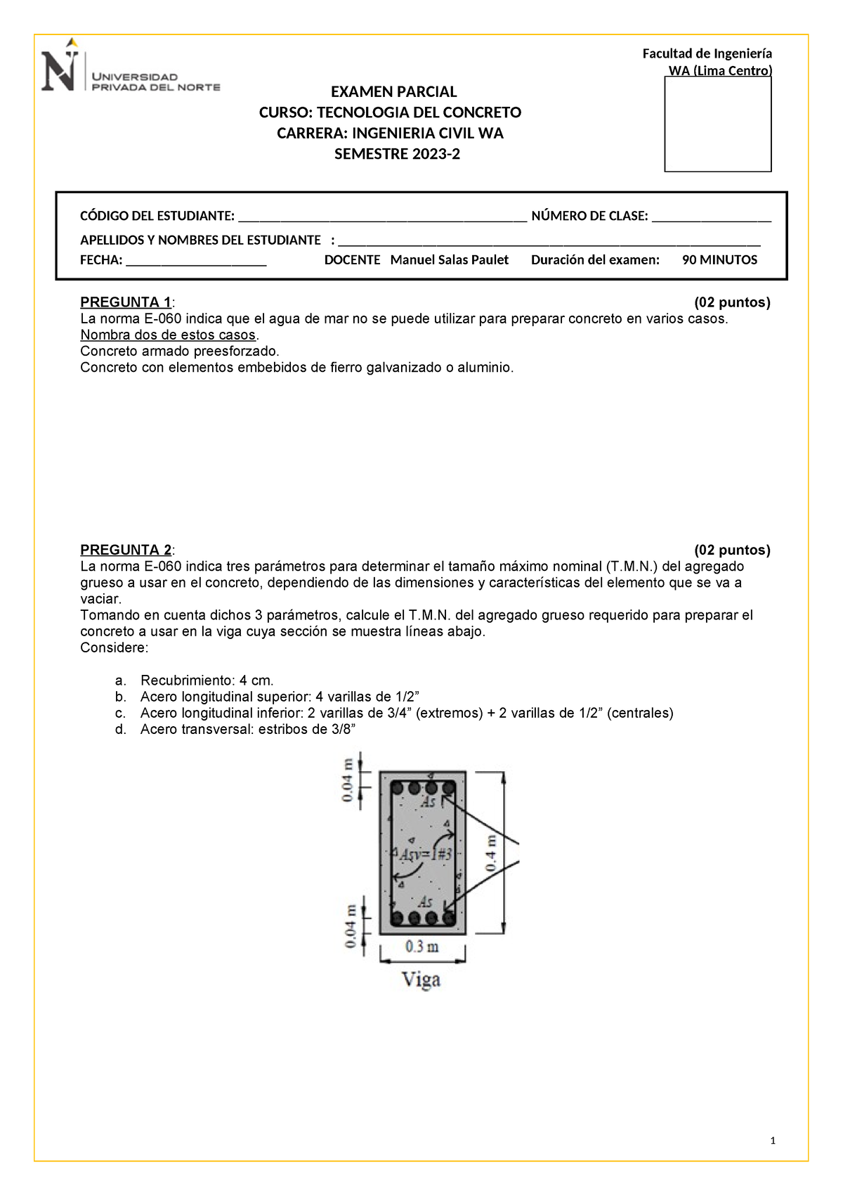 Examen Parcial - Tecnologia DEL Concreto 2023 2 - WA (Lima Centro ...