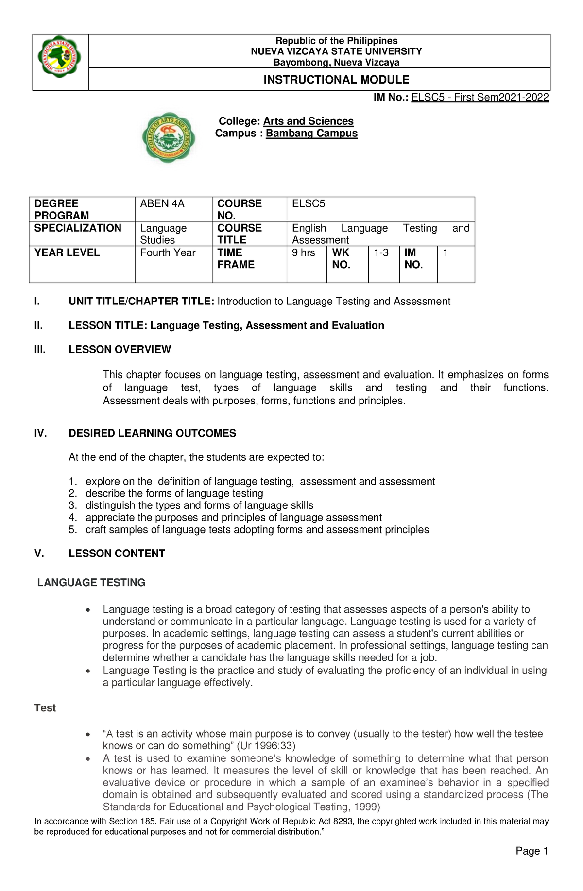 1 Eng Lang Testing and Assessment - NUEVA VIZCAYA STATE UNIVERSITY ...