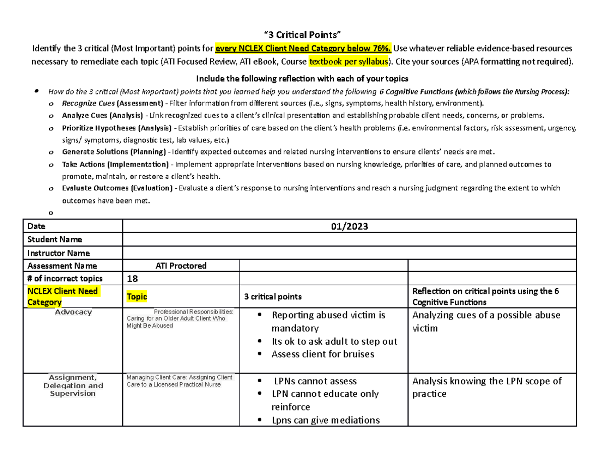 Leadership ati remediation proctor - “3 Critical Points” Identify the 3 ...