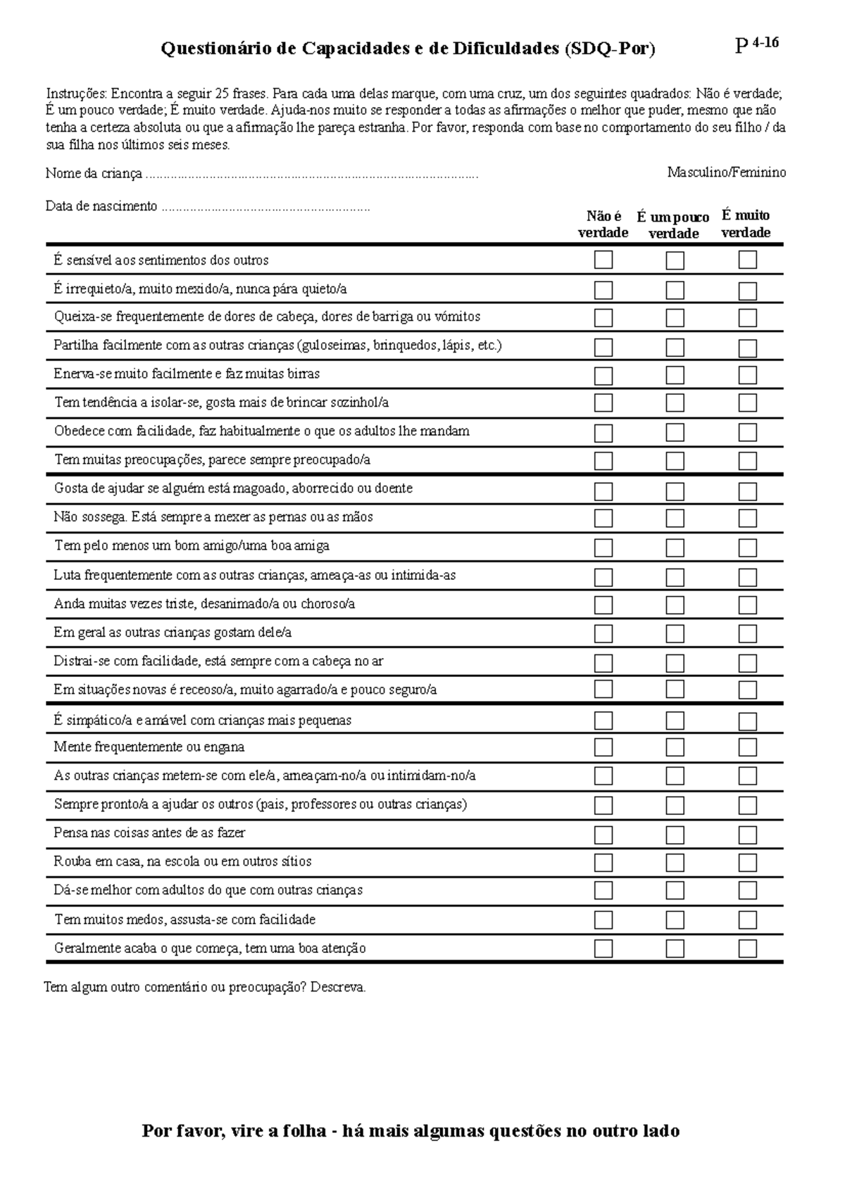 SDQ Pais - quationario de saude - Questionário de Capacidades e de
