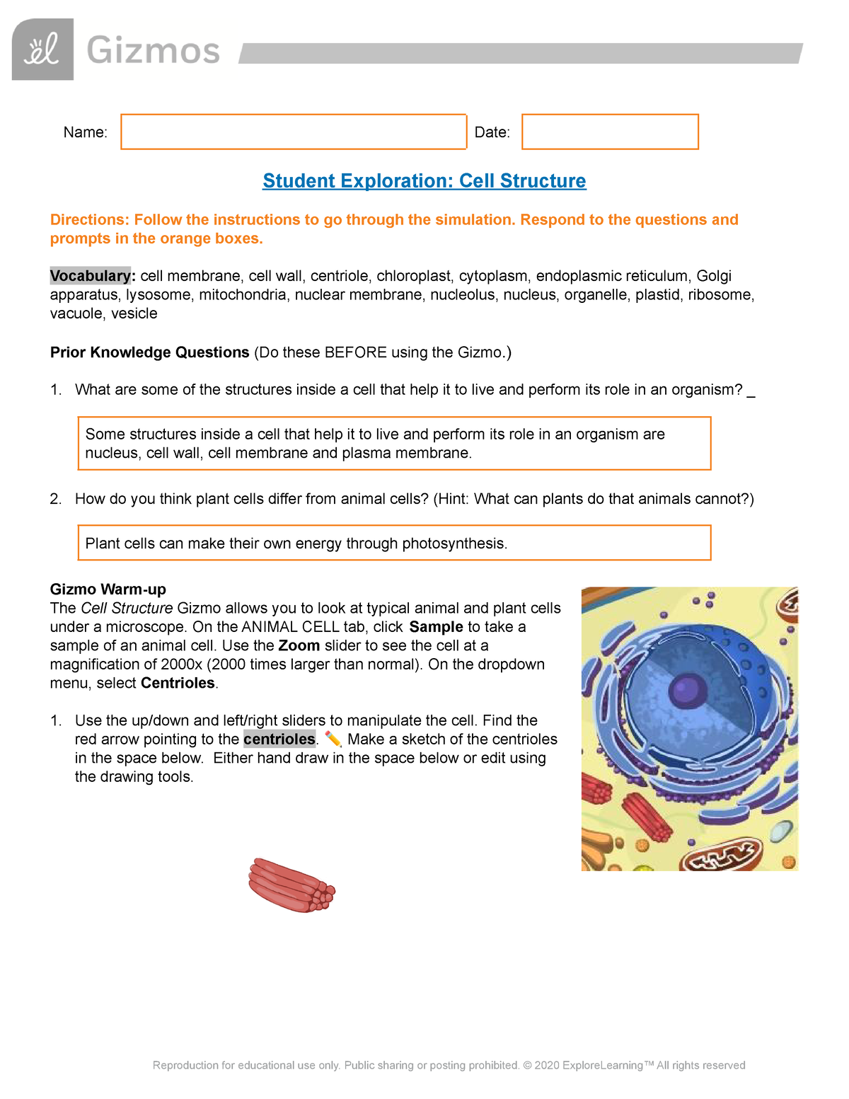 SBI4U Cell Structure SE - Name: Date: Student Exploration: Cell Structure  Directions: Follow the - Studocu