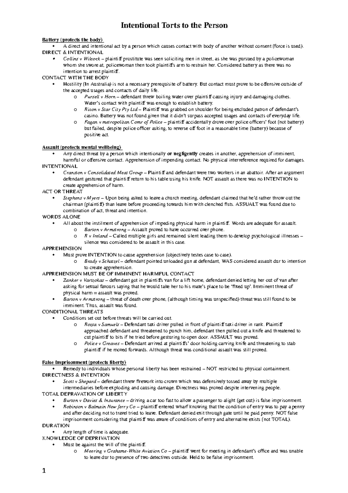 Torts-Notes - Lecture notes 1-11 - Intentional Torts to the Person ...