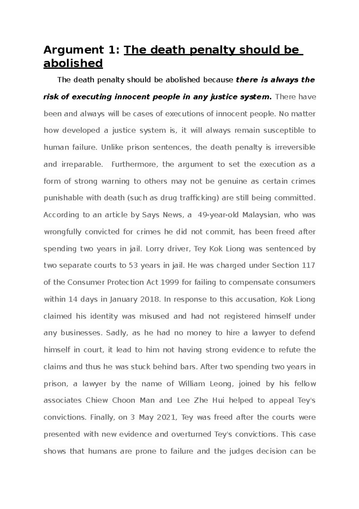 Argument 1 some thoughts on the abolishment of death penalty