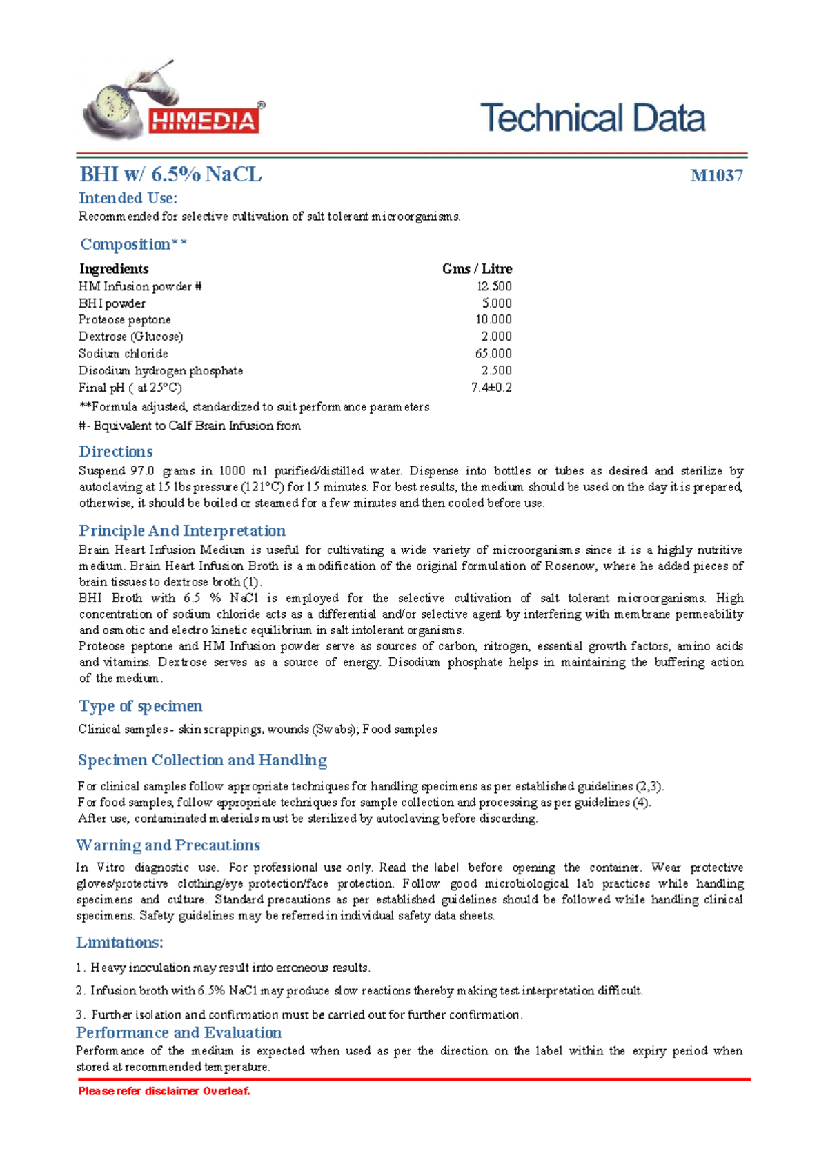 BHI Broth with Salt Agar ingredients and characteristics Please