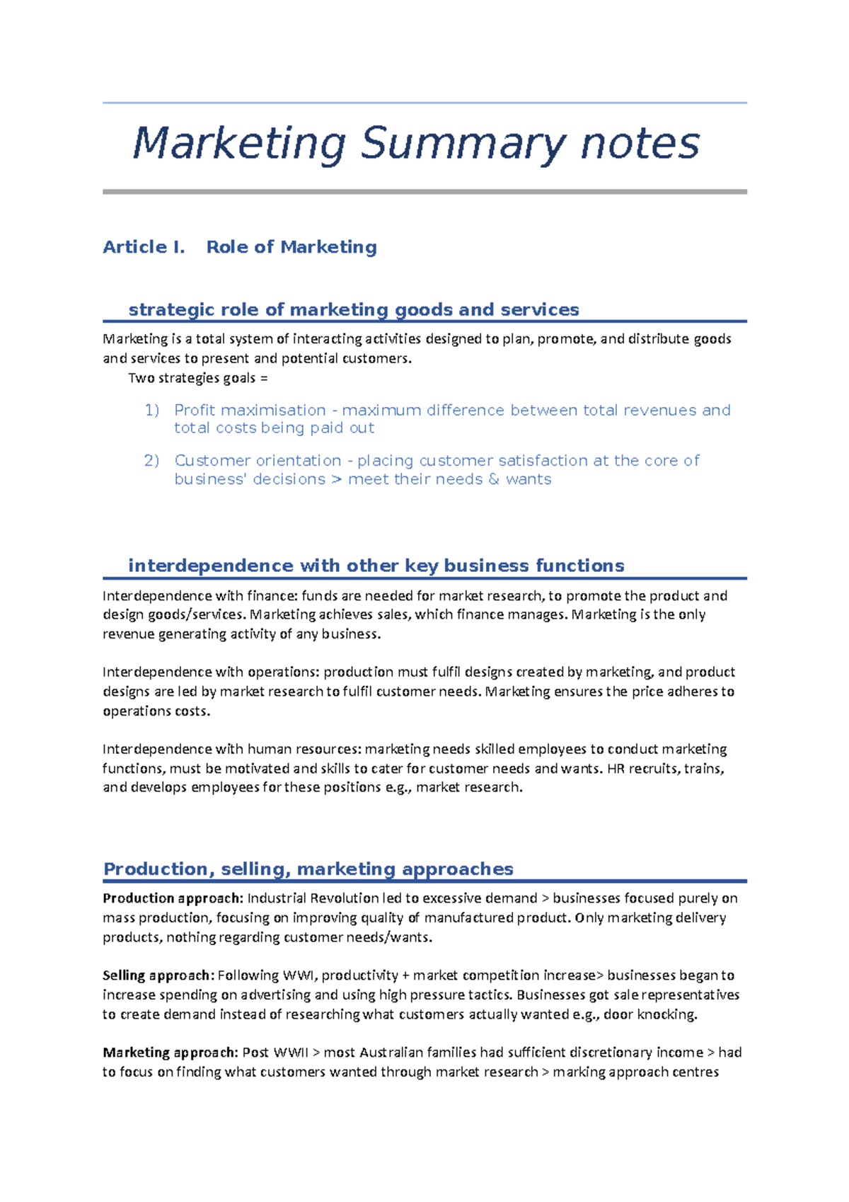 Marketing Summary notes - Marketing Summary notes Article I. Role of ...