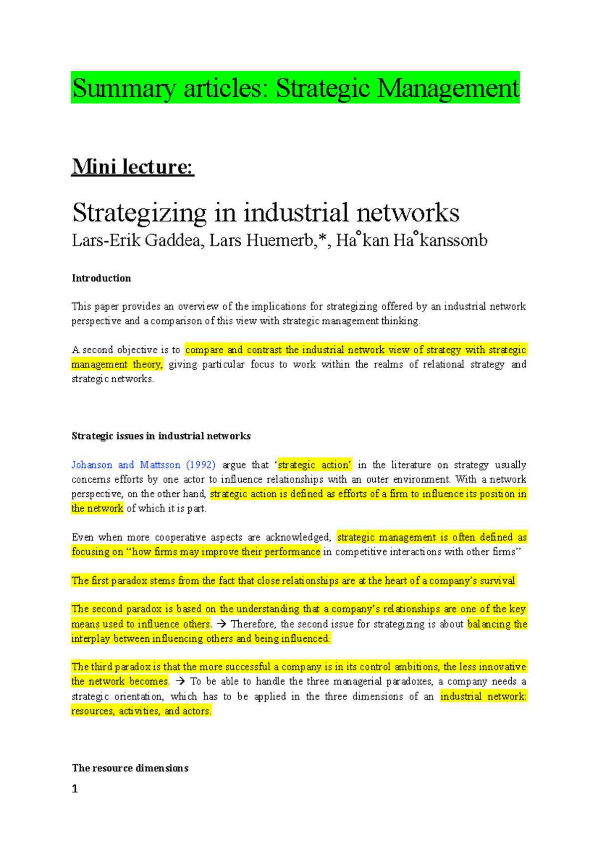 Summary articles from mini lecture - Summary articles: Strategic ...
