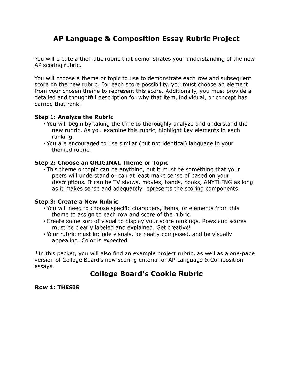 Assignment AP Rubric Project - AP Language & Composition Essay Rubric ...