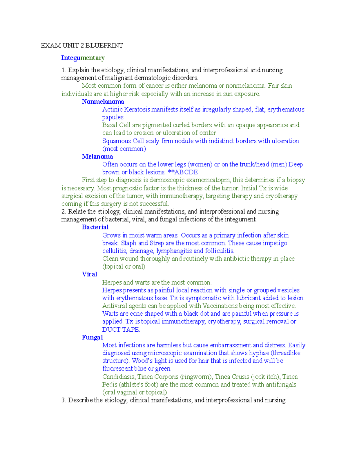 EXAM UNIT 2 Blueprint - EXAM UNIT 2 BLUEPRINT Integumentary Explain the ...