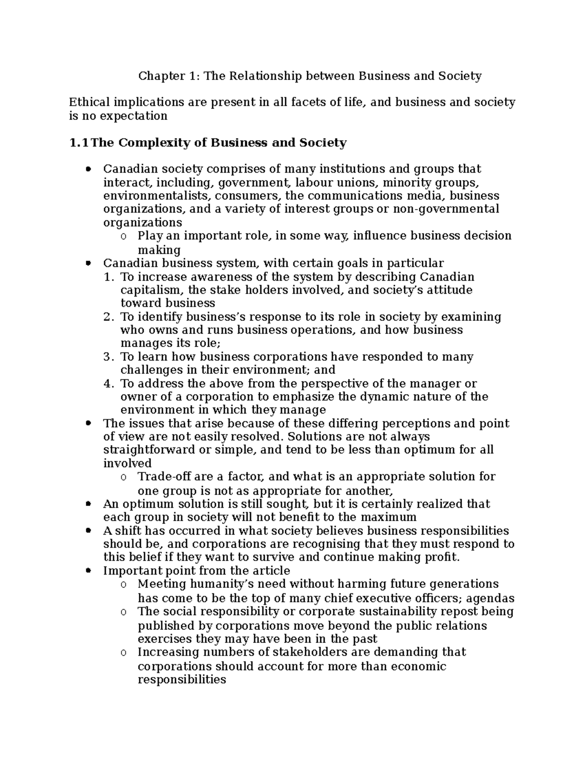 Adm 1301 notes - Chapter 1: The Relationship between Business and ...