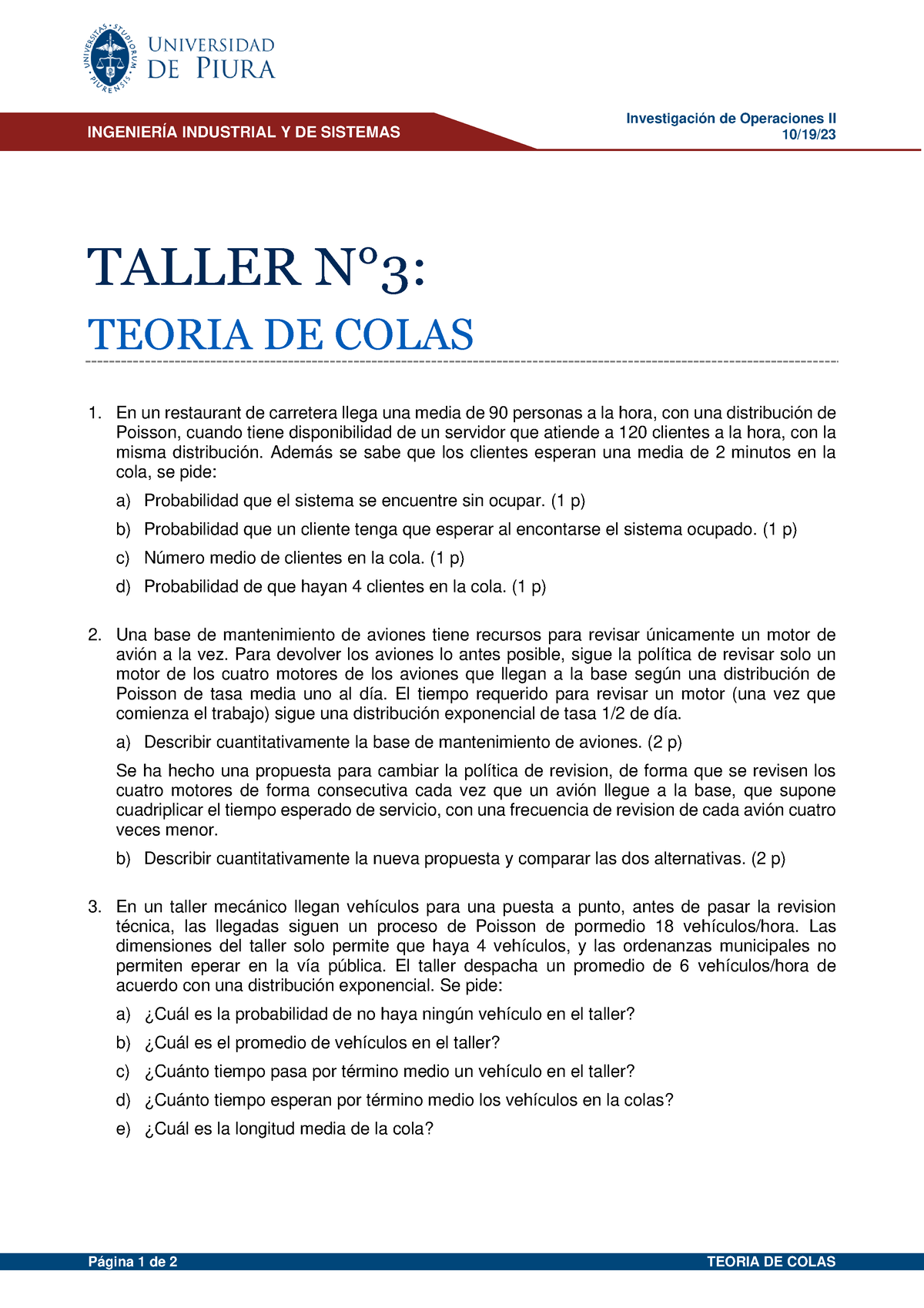 Taller N°3 O2 2023 B - Investigación De Operaciones II 10/19/ Página 1 ...