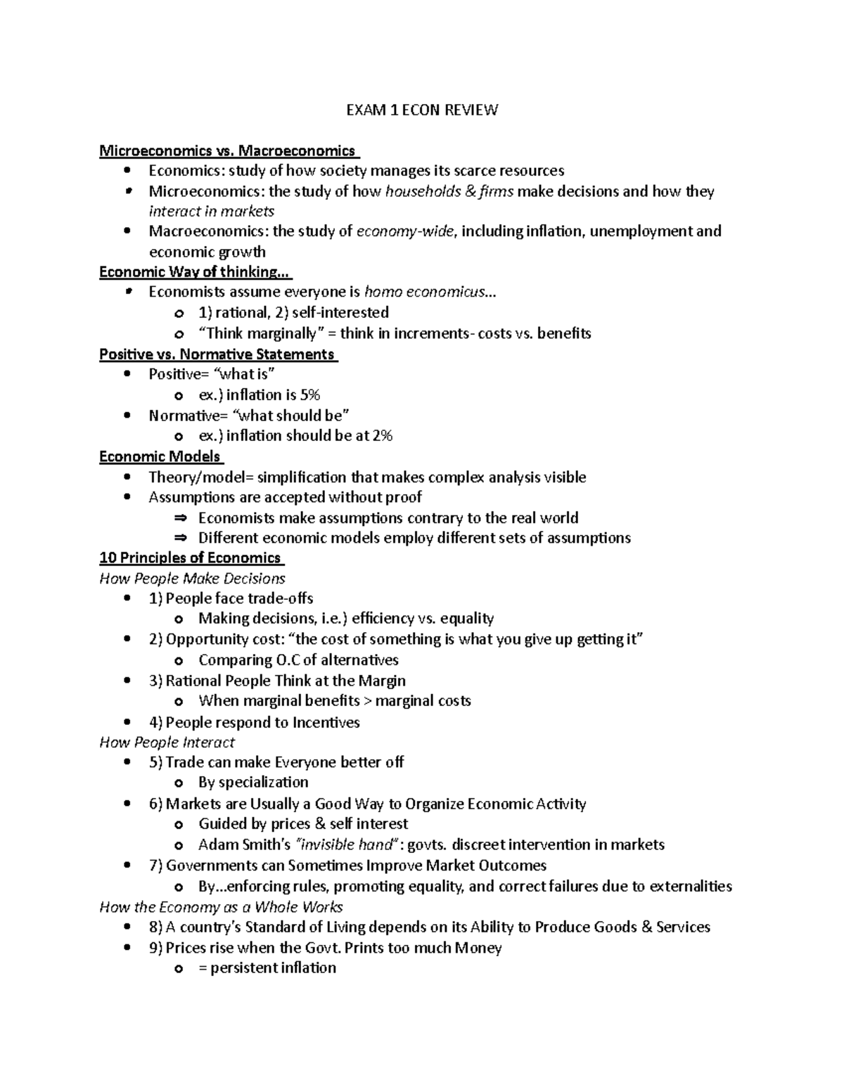 EXAM 1 ECON Review - Principles of Microeconomics Professor Robert D ...