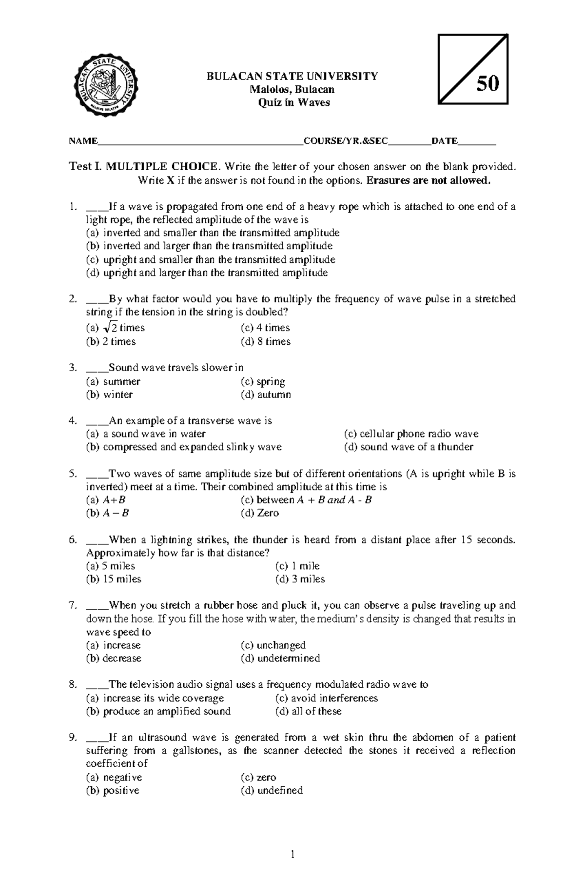 LQ 1 on waves - Theories about light, Thomas Young, - BULACAN STATE ...