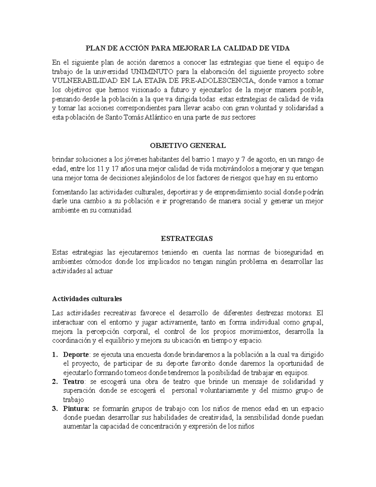 PLAN DE Acción PARA Mejorar LA Calidad DE VIDA - PLAN DE ACCIÓN PARA ...
