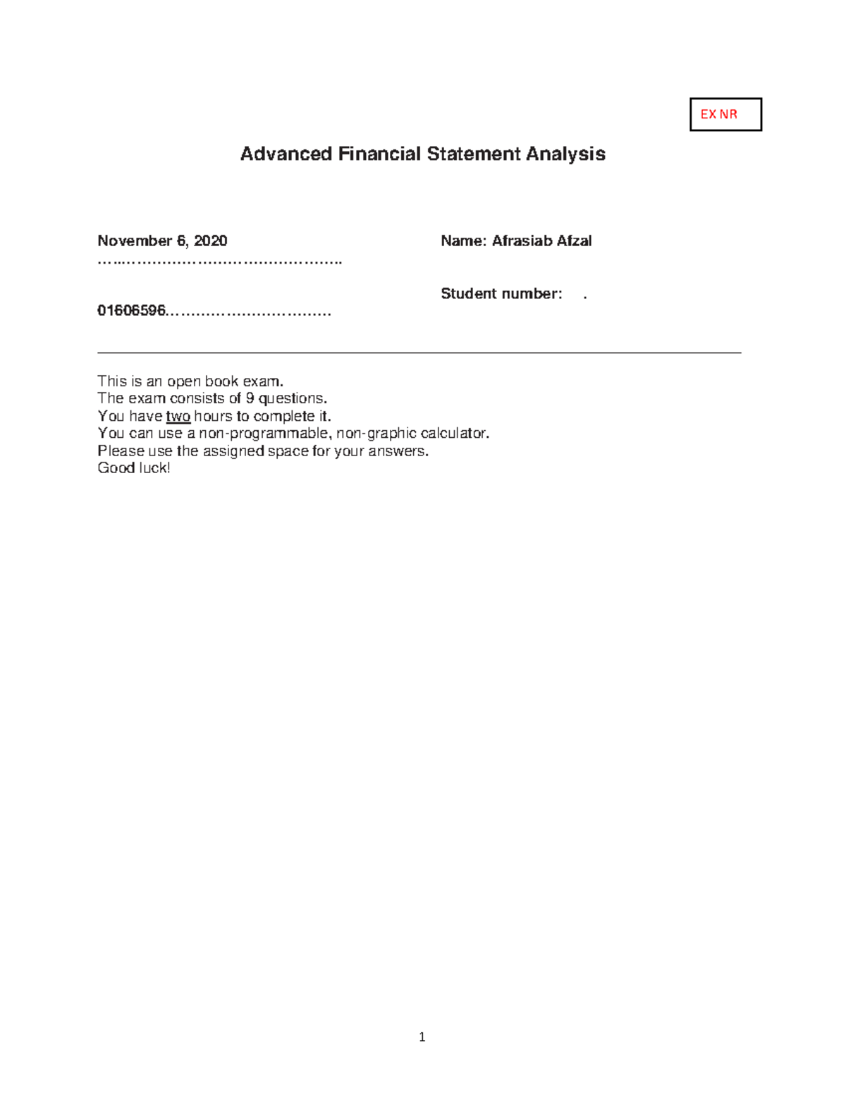 Exam AFSA 6-11-2020 - Advanced Financial Statement Analysis November 6 ...