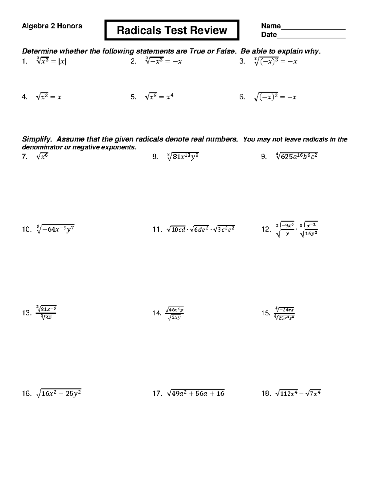 Radicals Test Review - Algebra 2 Honors Name________________ Date ...