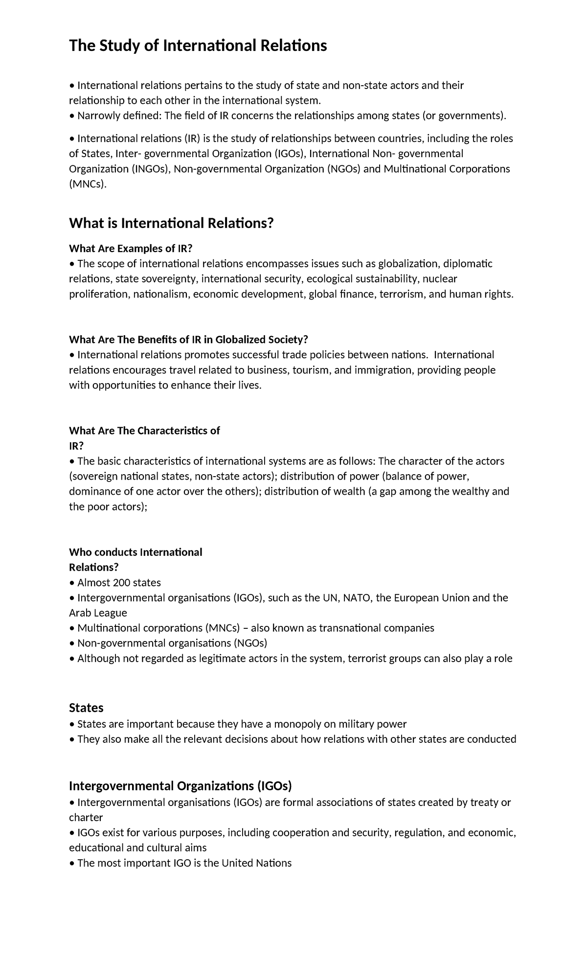 Lecture- 1. Introduction to International Relations - The Study of ...