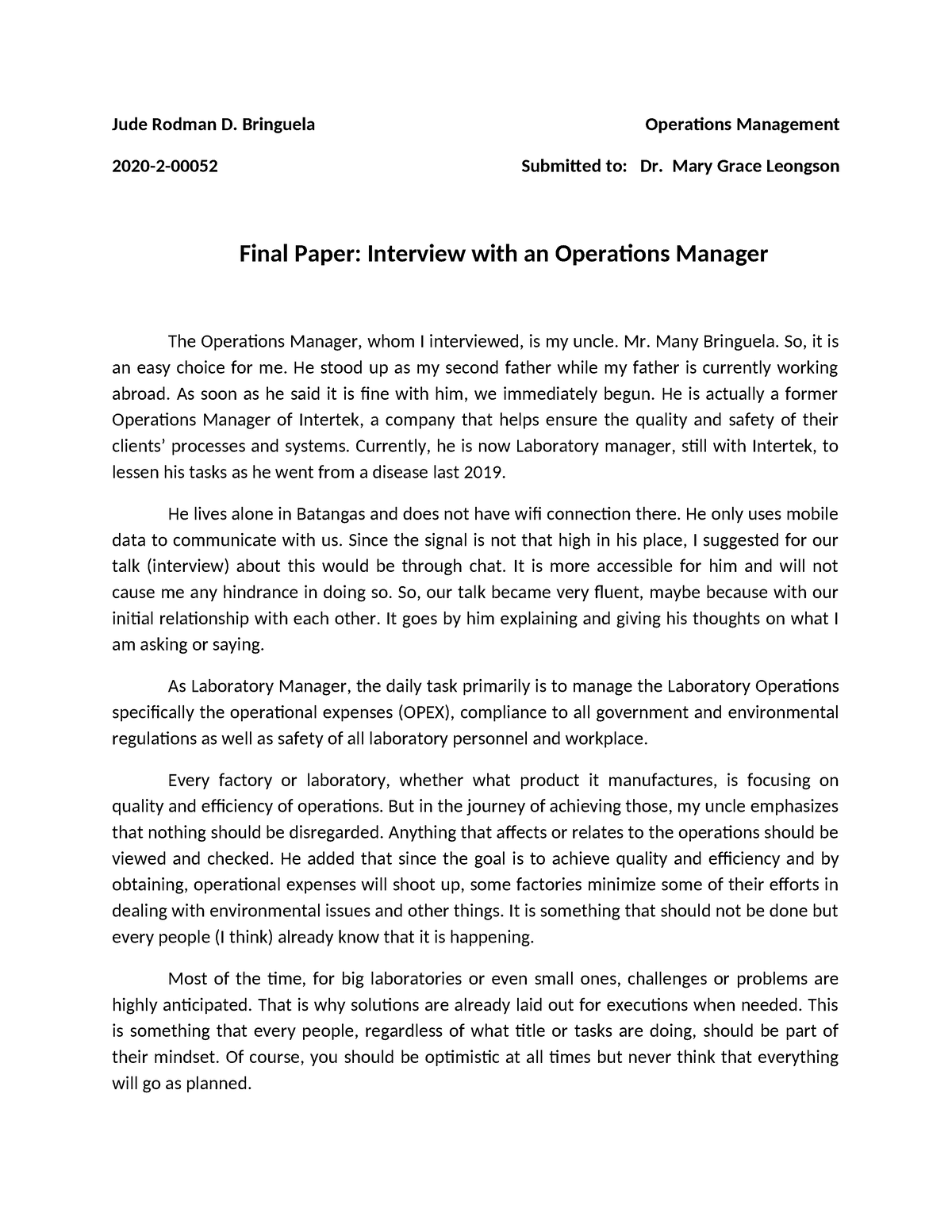 Final Paper - Ops Man - Operations - Jude Rodman D. Bringuela 2020-2 ...