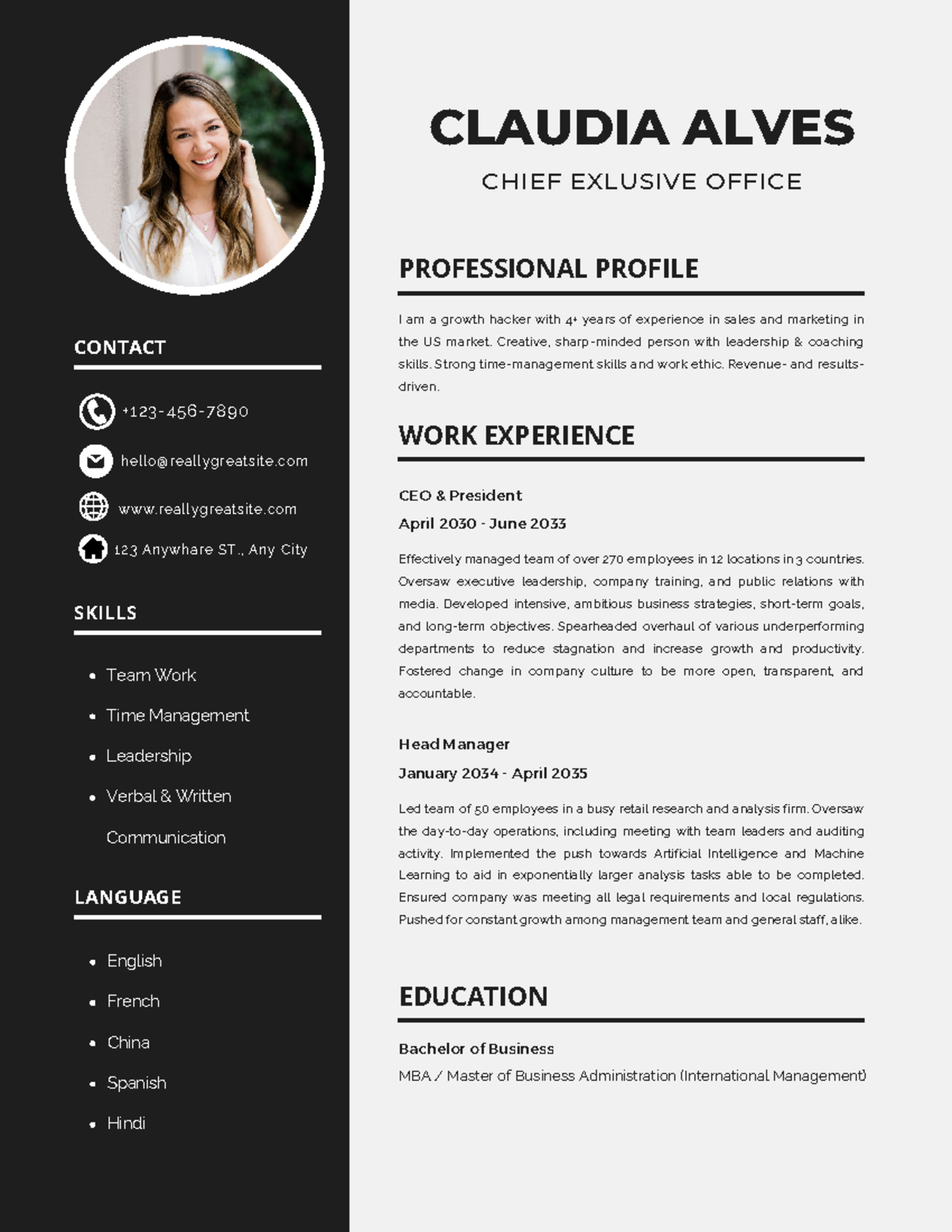 Black Modern Chief Exclusive Office Resume - CLAUDIA ALVES CHIEF ...