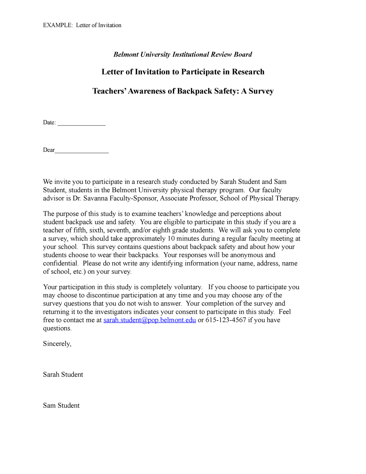Letter Of Invitation (proposal of potential respondent) - EXAMPLE: Letter of Invitation Belmont