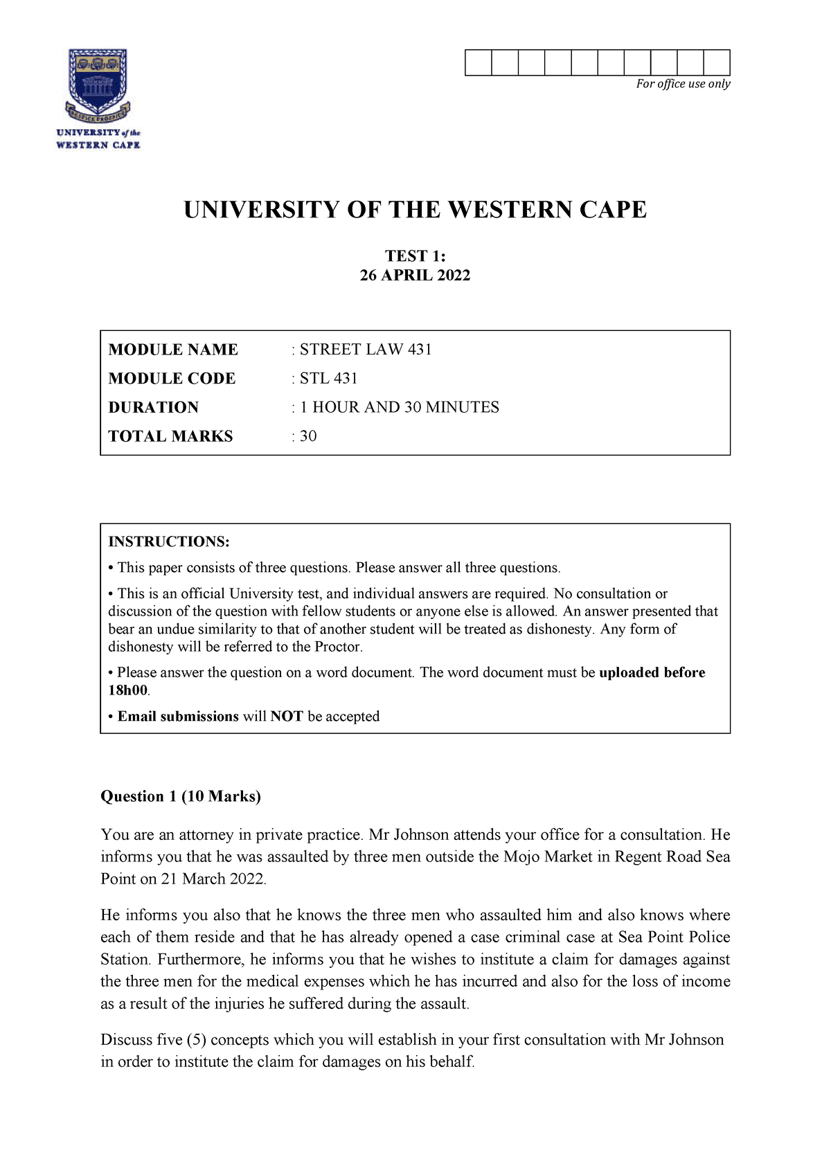 test-2-stl431-street-law-past-paper-for-office-use-only-university