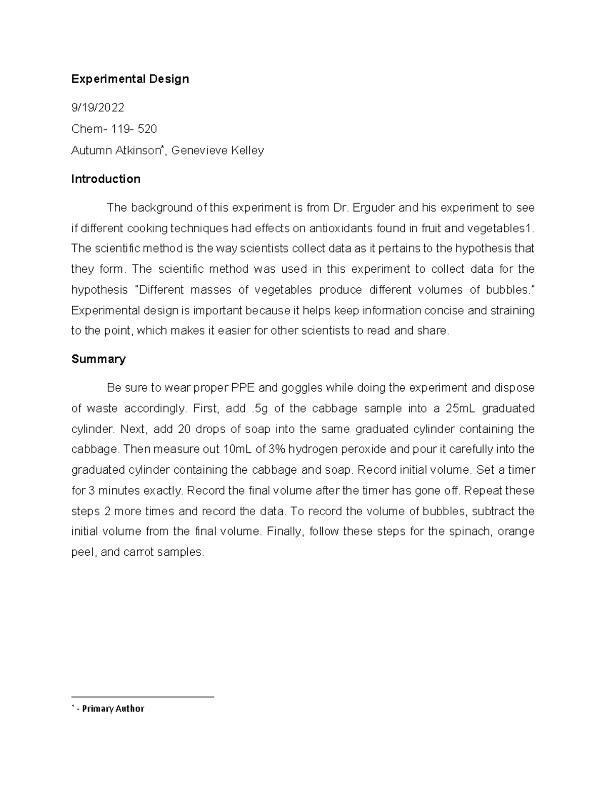 Experimental Design Lab Report Summary - Experimental Design 9/19/ Chem ...