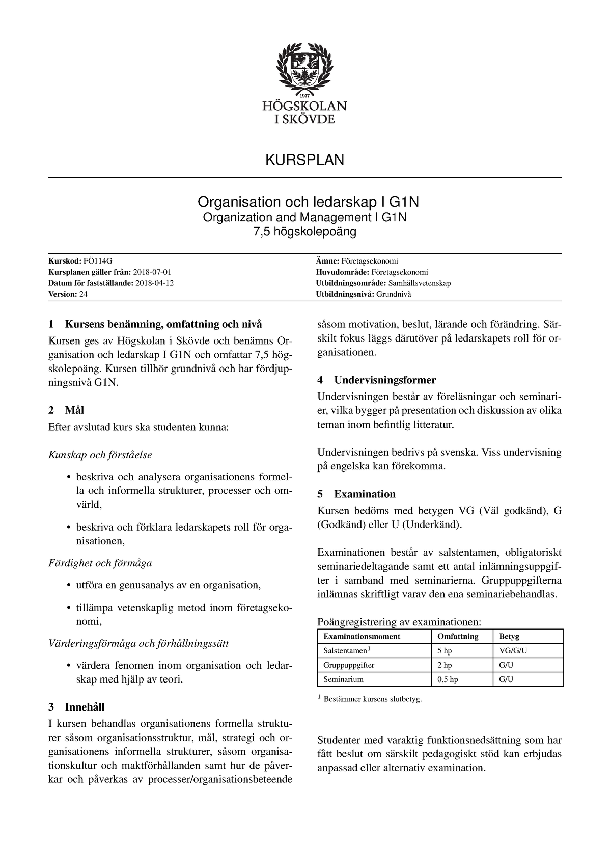 Kursplan Orgi FO114G - Ekonom - KURSPLAN Organisation Och Ledarskap I ...