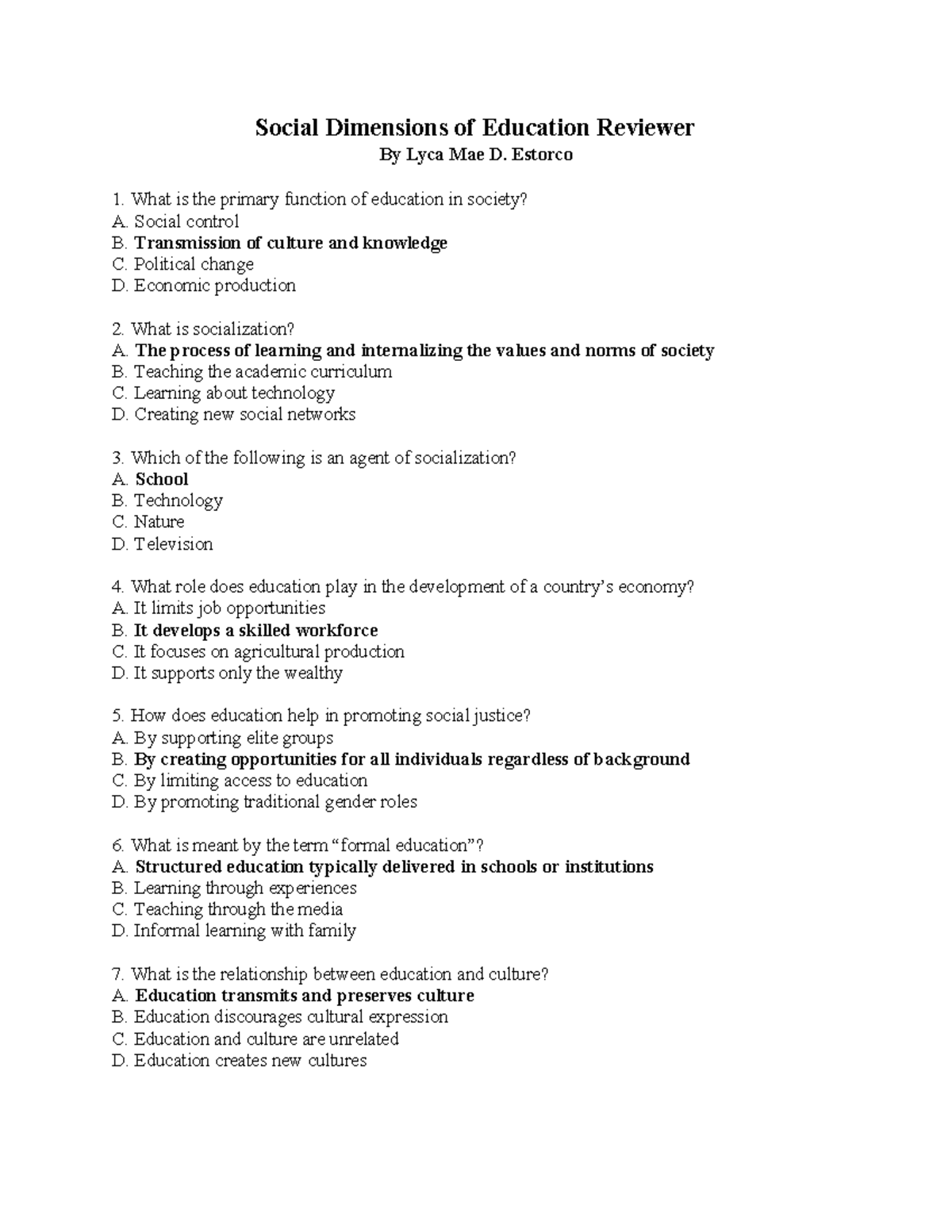 Social Dimensions OF Education - Estorco What is the primary function ...