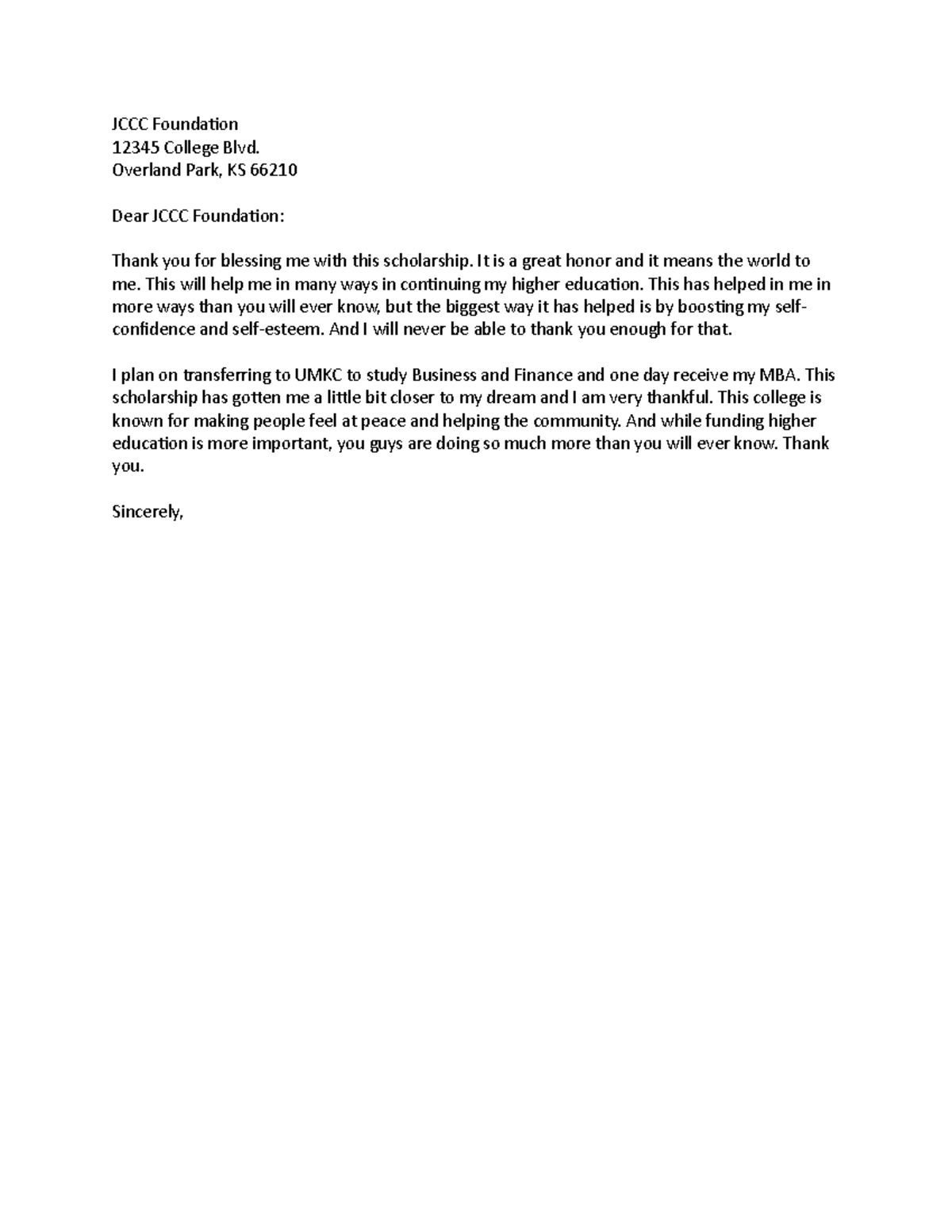 Thank you letter - JCCC Foundation 12345 College Blvd. Overland Park ...