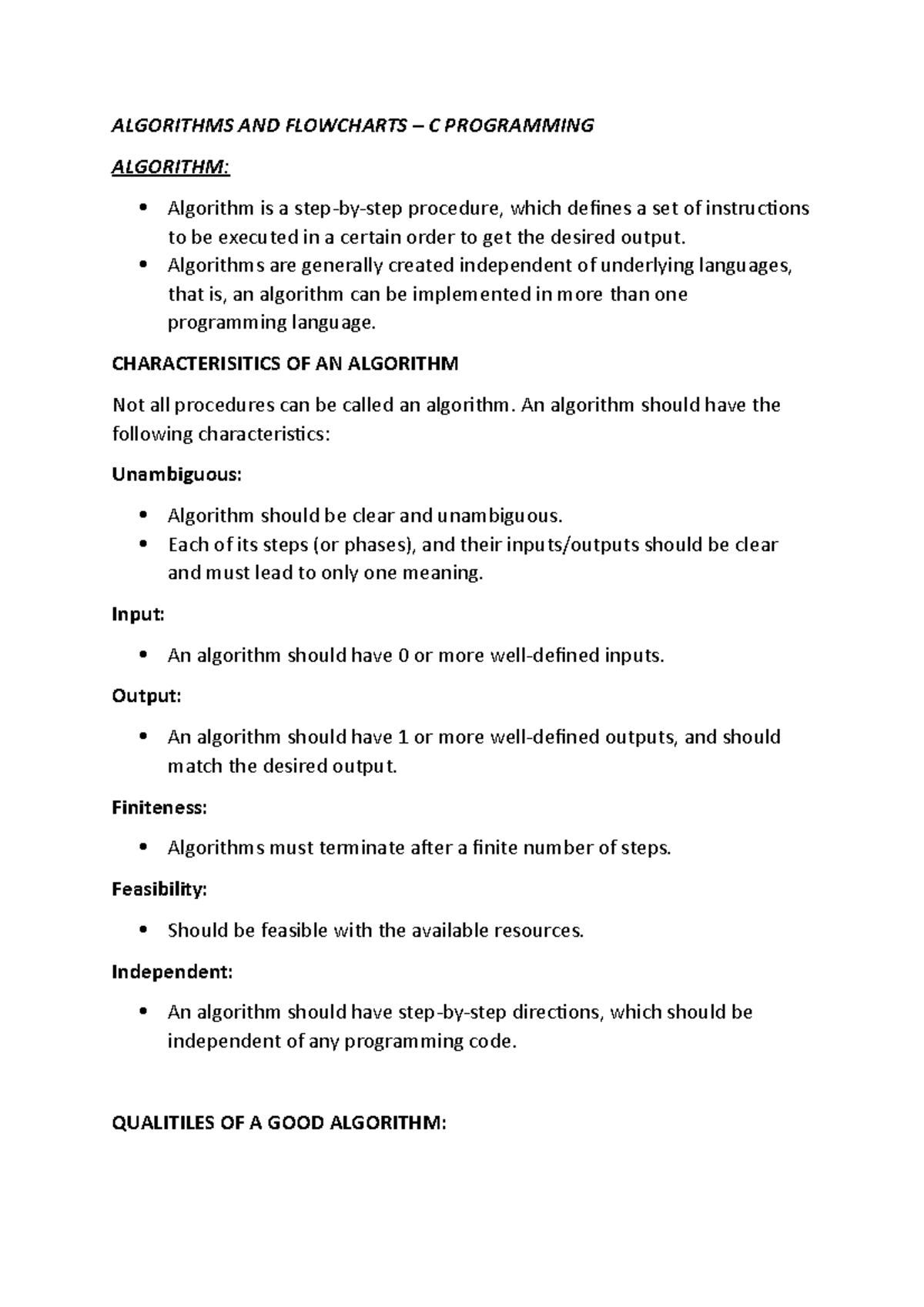 Algorithms and Flowcharts C Programming - Short notes - ALGORITHMS AND ...