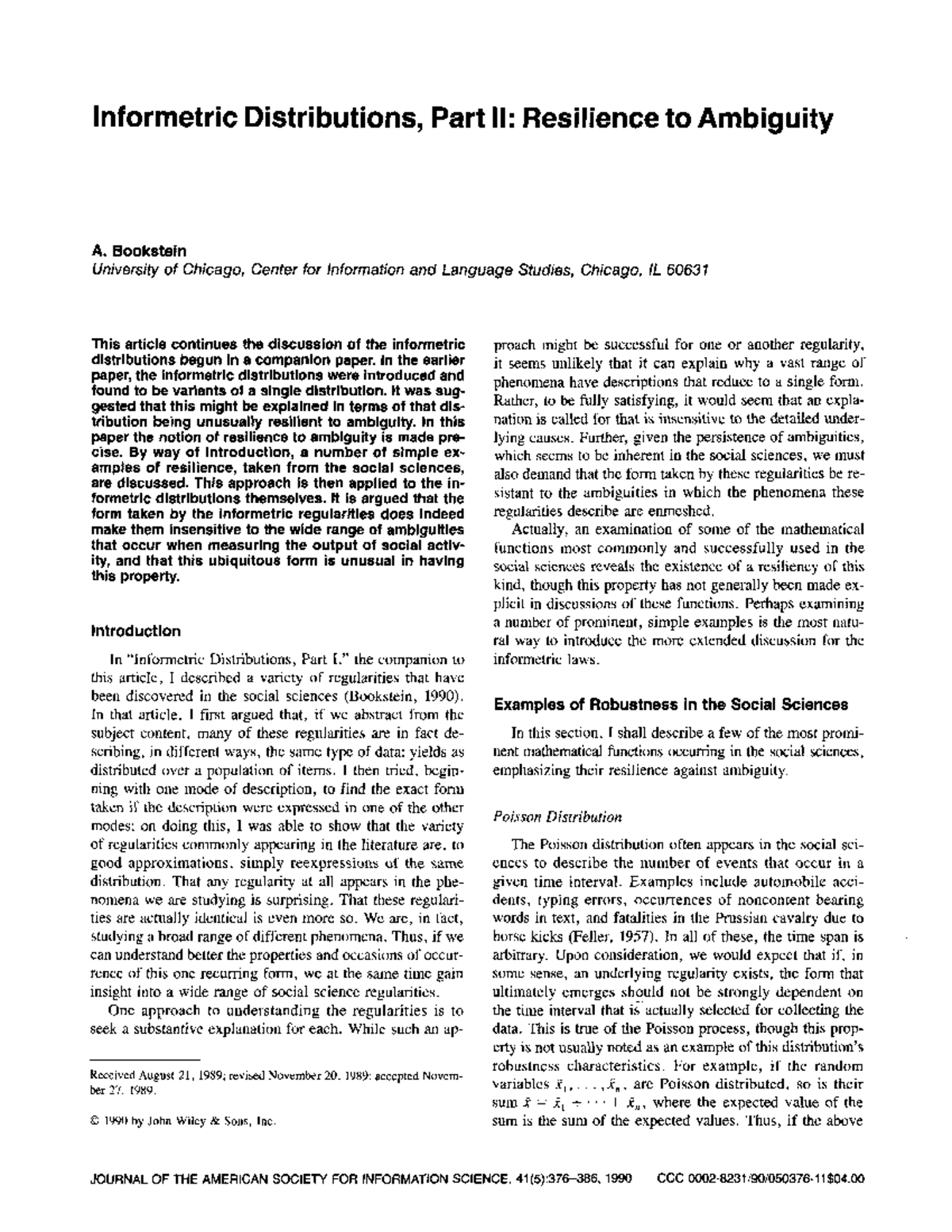 Bookstein, A. (1990). Informetric distributions, part II - Resilience ...