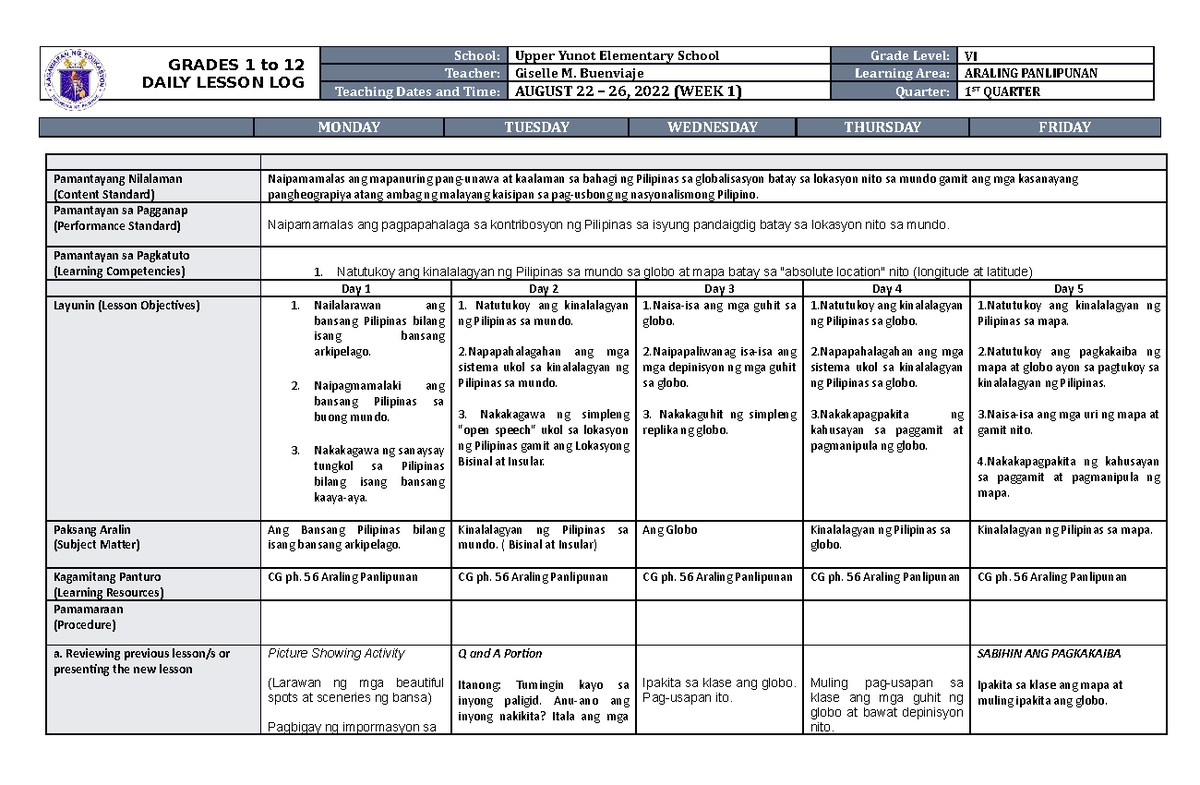 DLL Araling Panlipunan 6 Q1 W1 - GRADES 1 to 12 DAILY LESSON LOG School ...