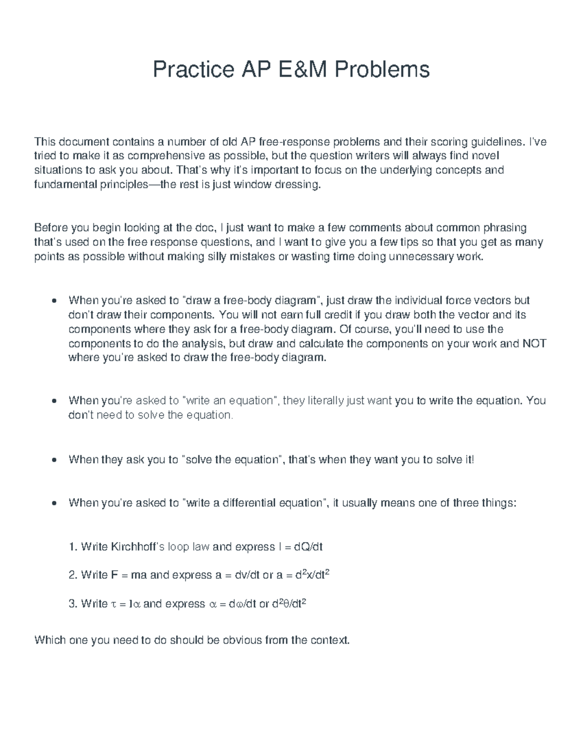 AP C EM Review Packet - A list of physics problems to study for exam ...
