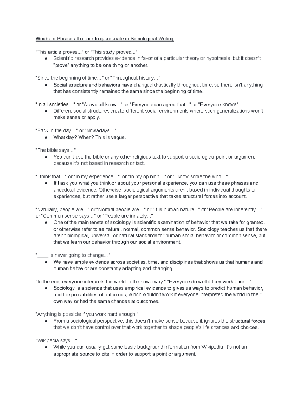 Pitfalls to avoid in sociological writing - Words or Phrases that are ...