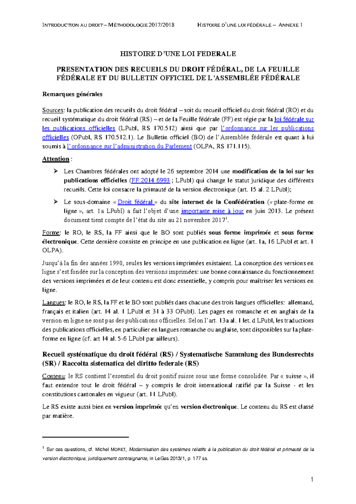 4. TP Présentation recueils HISTOIRE D’UNE LOI FEDERALE PRESENTATION