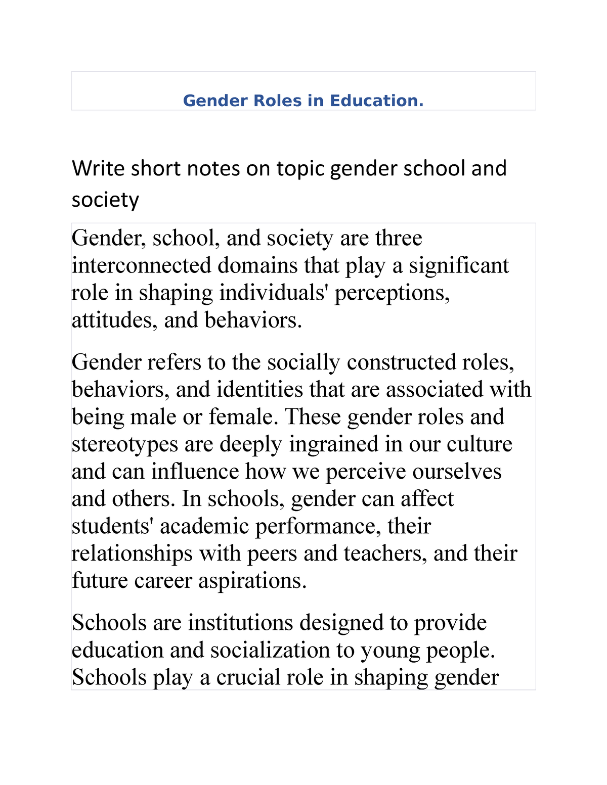 assignment on gender school and society