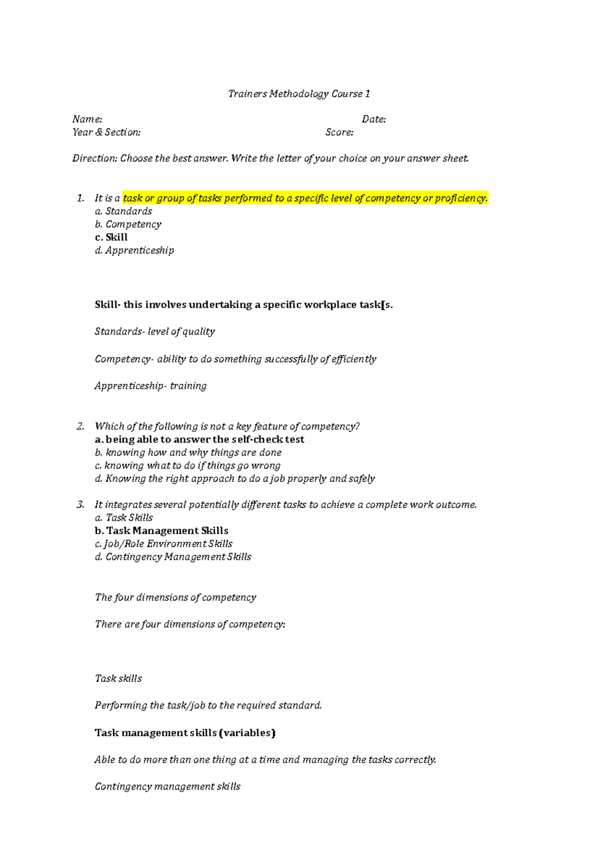 Trainers Methodology Course 1 - Write the letter of your choice on your ...