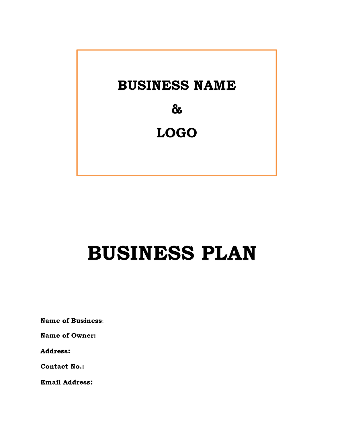 Business Plan Format - Business Plan Name Of Business: Name Of Owner 