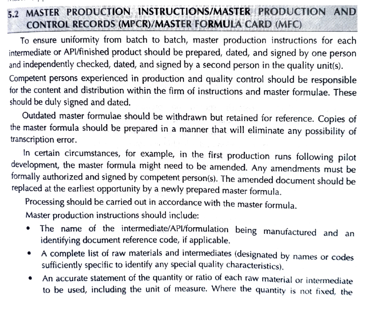 MFR,BFR,SOP read this 5 MASTER PRODUCTION INSTRUCTIONS/MASTER