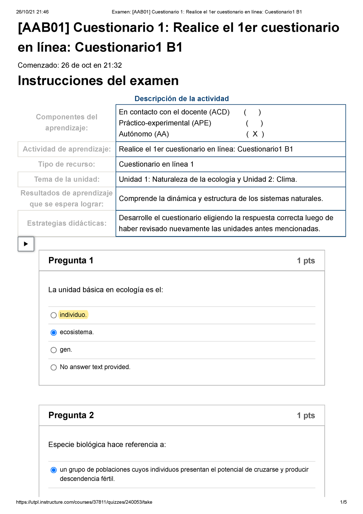 Examen [AAB01] Cuestionario 1 Realice El 1er Cuestionario En Línea ...