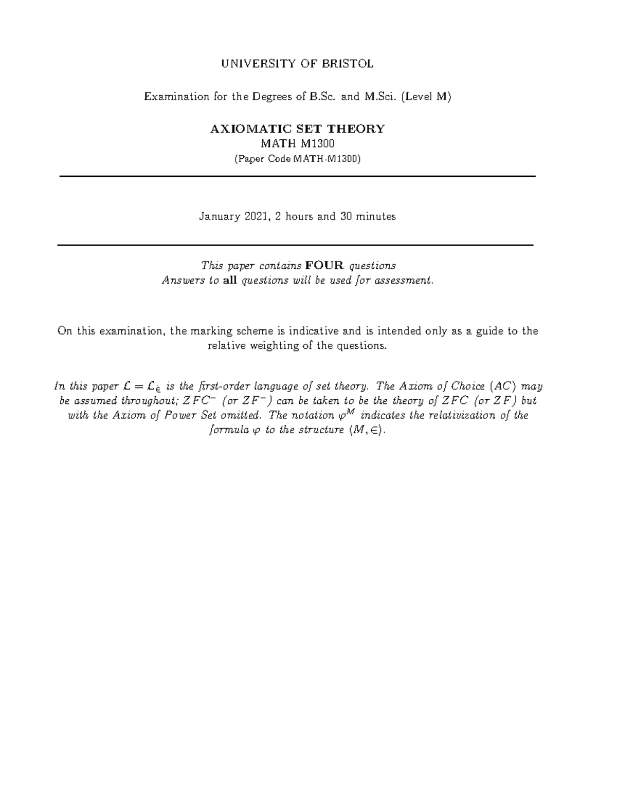 Axiomatic Set Theory MATHM1300 January 2021 Exam - UNIVERSITY OF ...