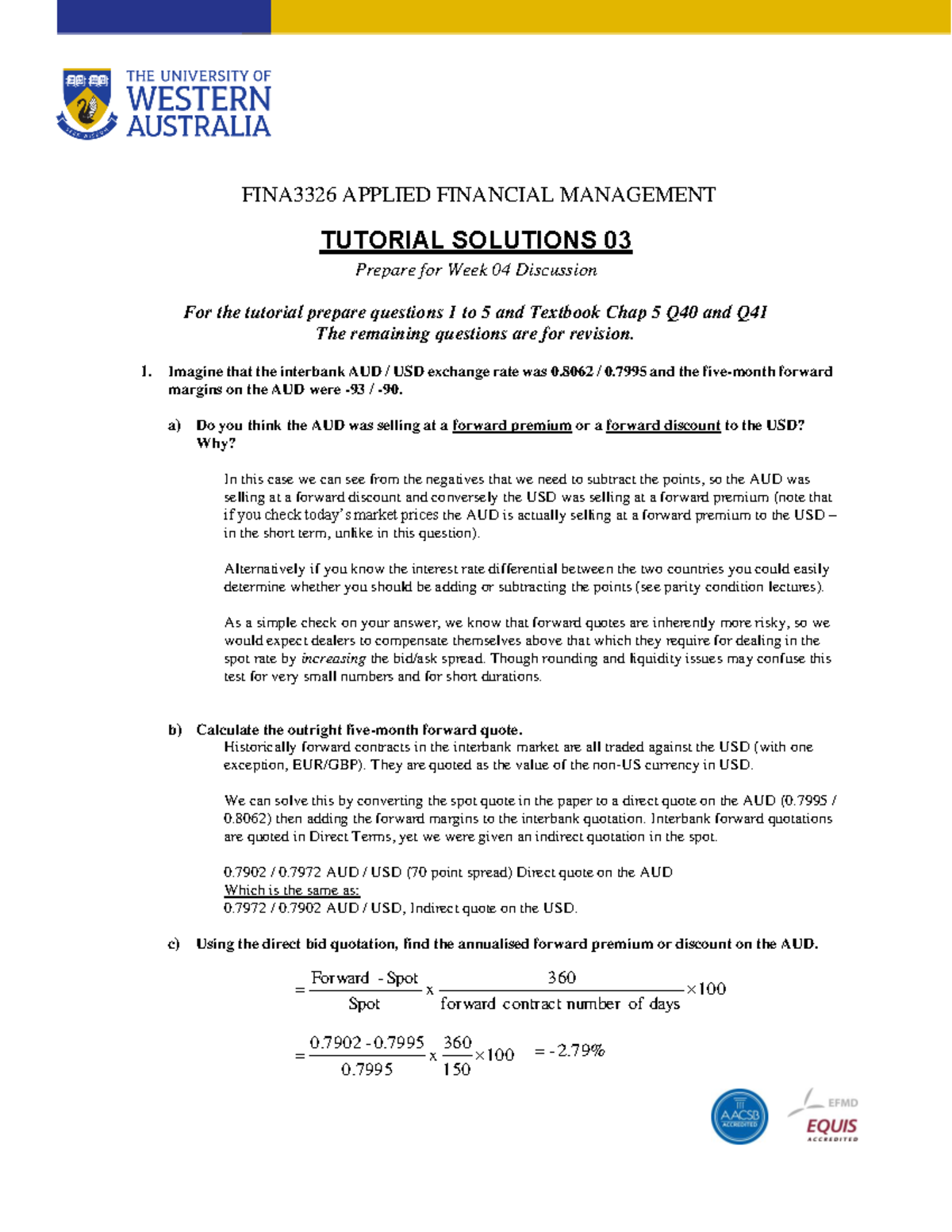 Tutorial Solutions 03 2022 - FINA3326 APPLIED FINANCIAL MANAGEMENT ...