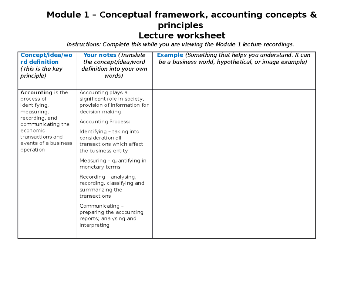Module 1 Lecture - Worksheet Answers - Module 1 – Conceptual framework ...