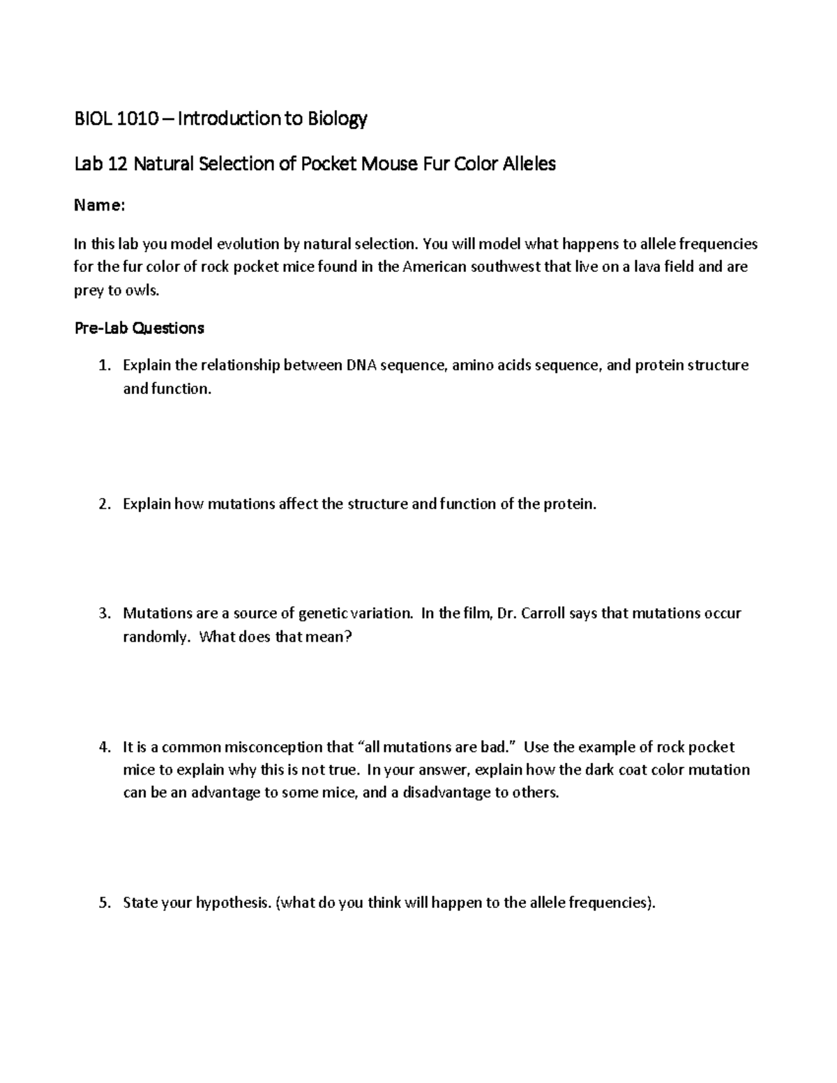 12 BIOL 1010 Lab Natural Selection of Pocket Mice Fur Color Alleles for