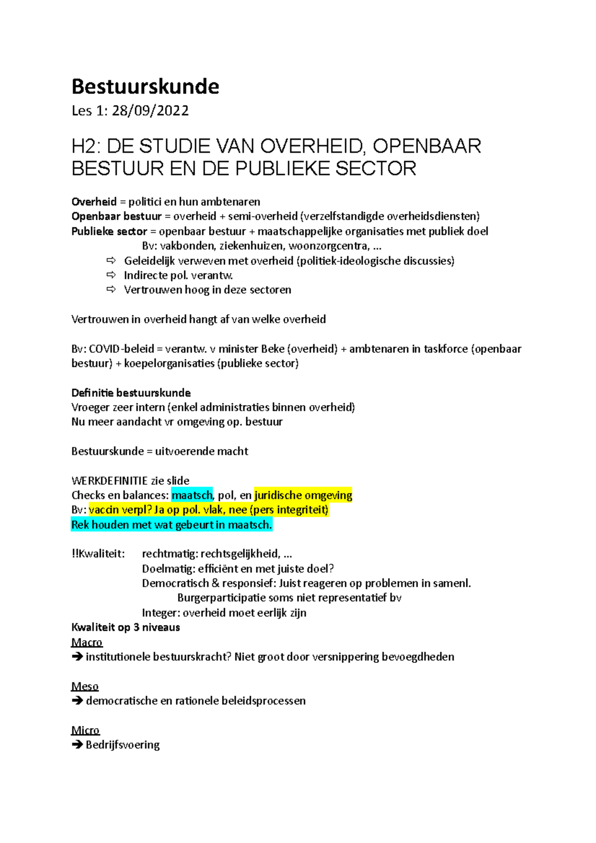 Bestuurskunde - Bestuurskunde Les 1: 28/09/ H2: DE STUDIE VAN OVERHEID ...