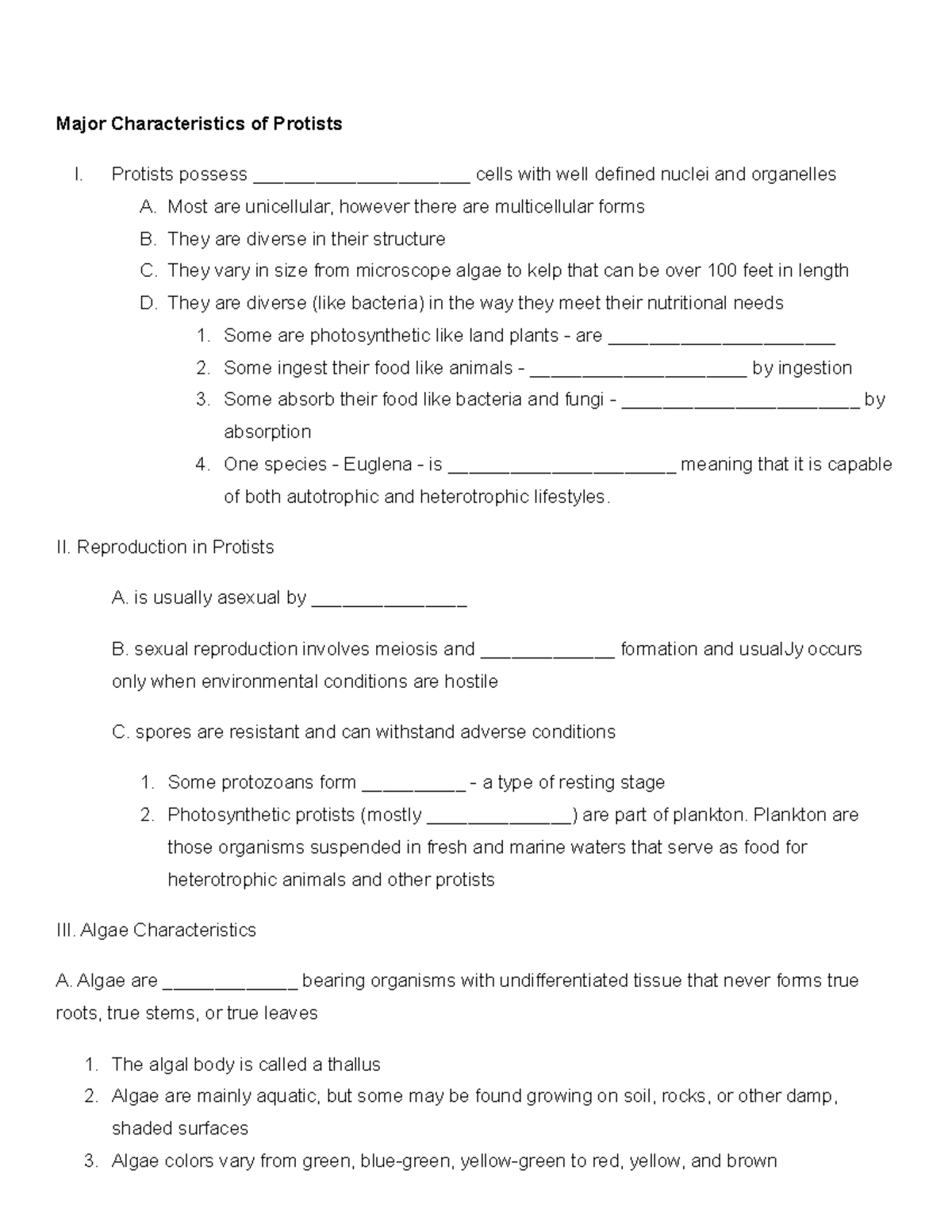 Kingdom protista notes - Major Characteristics of Protists I. Protists ...