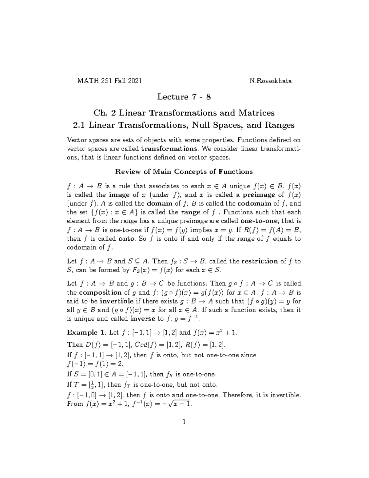 Lecture 7 - 8 MATH 251 Notes - MATH 251 Fall 2021 N Lecture 7 - 8 Ch. 2 ...