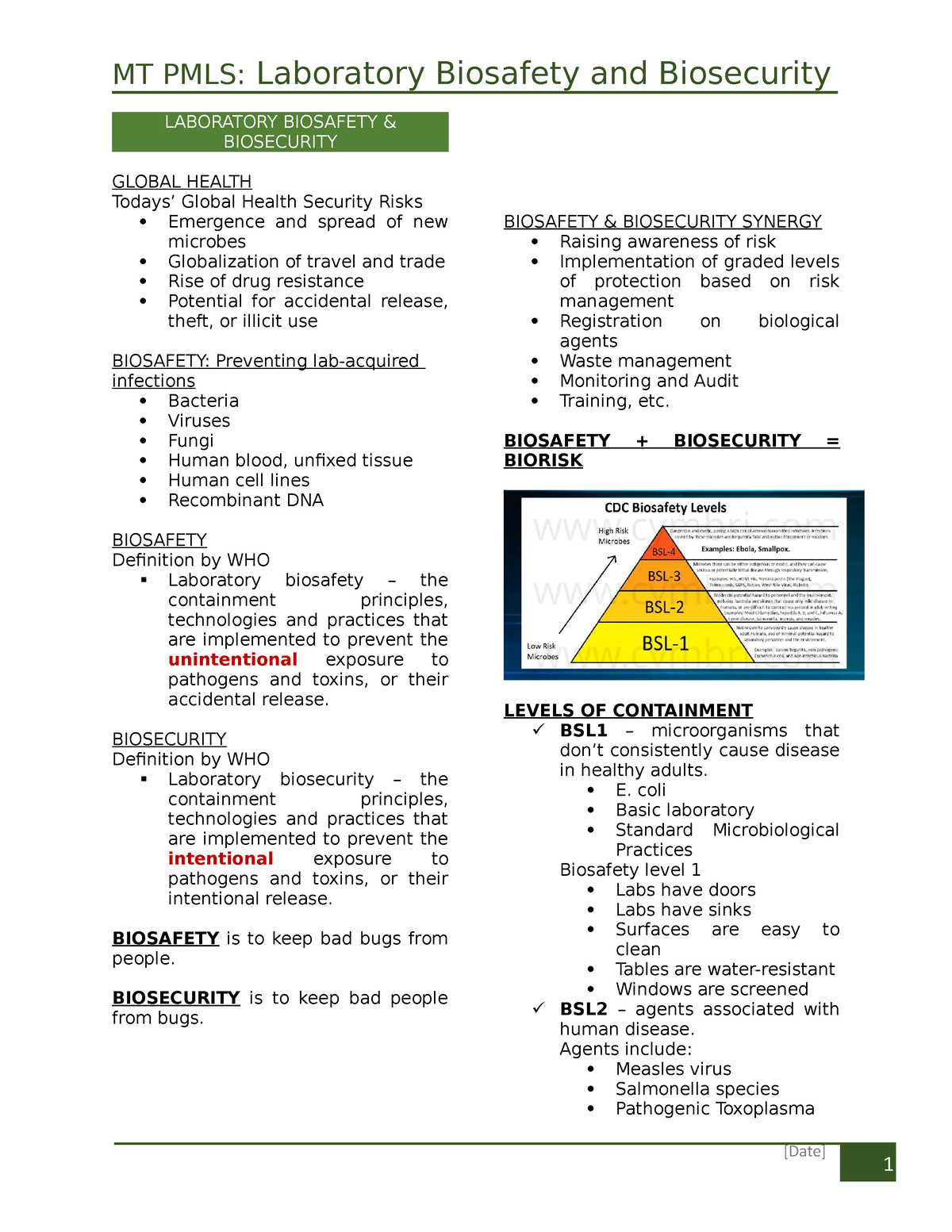 PMLS Finals Notes - [Date] MT PMLS: Laboratory Biosafety And ...